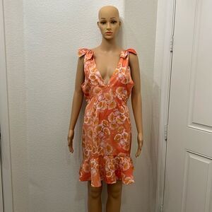 Jjwm Woman Dress Summer Floral Sz Large V Neck Sleeveless Ruffled Mini Orange